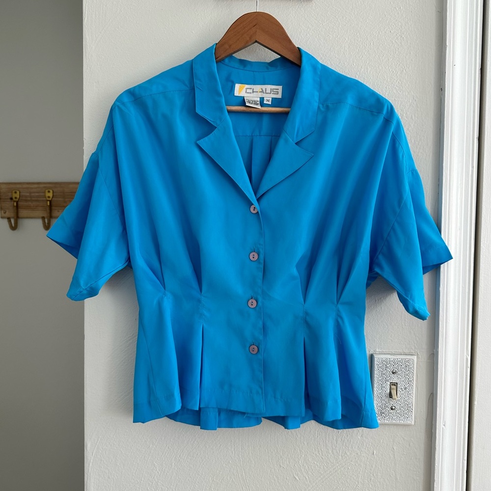 Chaus Bright Turquoise Button-Front Short Sleeve Blouse